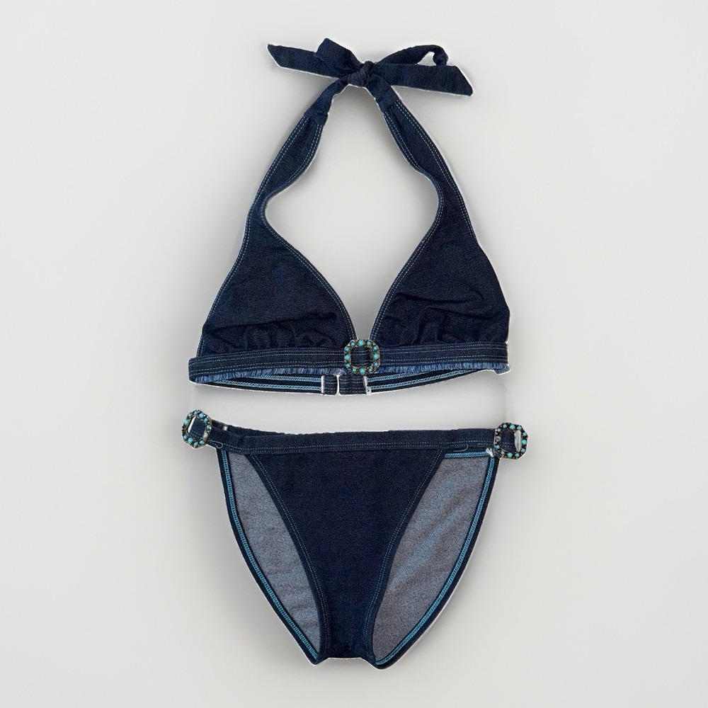 Hot Kiss Denim Look Halter Bikini Set Turquoise Concho Y2K Fringe Womens Small